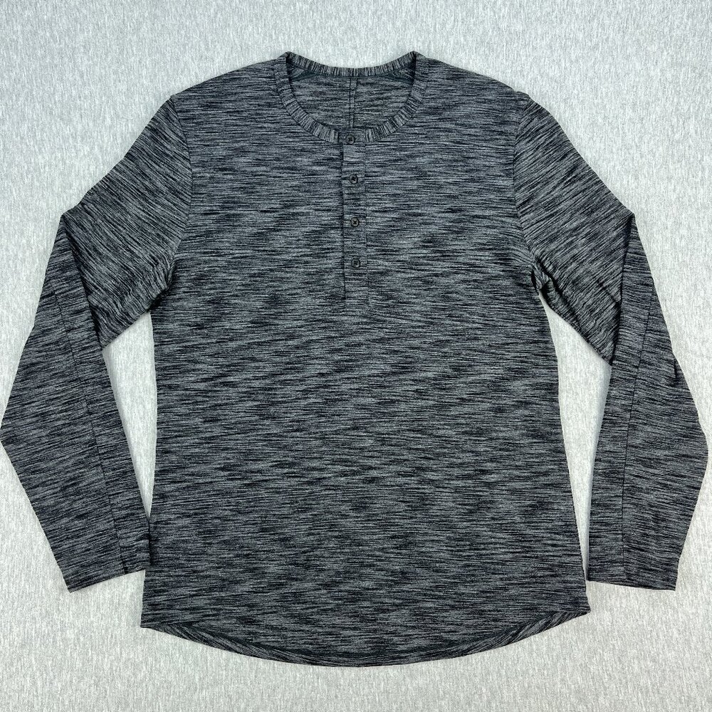 Lululemon Pulse Slub Henley Shirt Mens L (Est) Heather Black Pullover Stretch